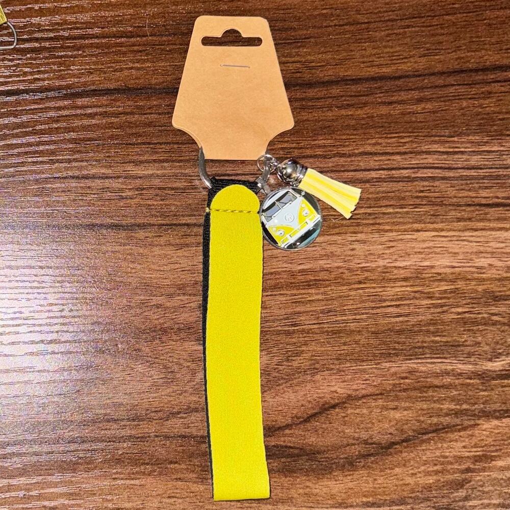 Neon Yellow Neoprene Wristlet Keychain - Retro VW Bus Charm & Tassel